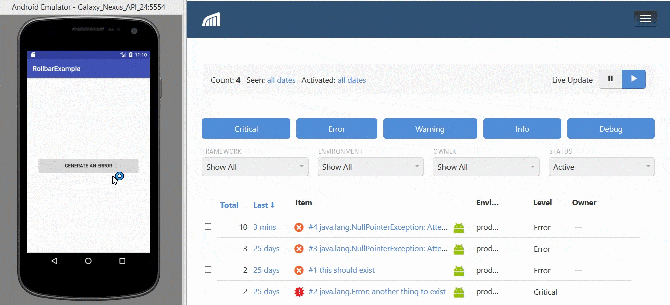 Gif of Rollbar android example