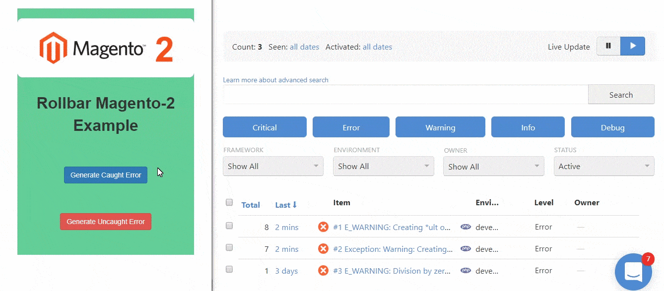 Video of Rollbar magento 2 example