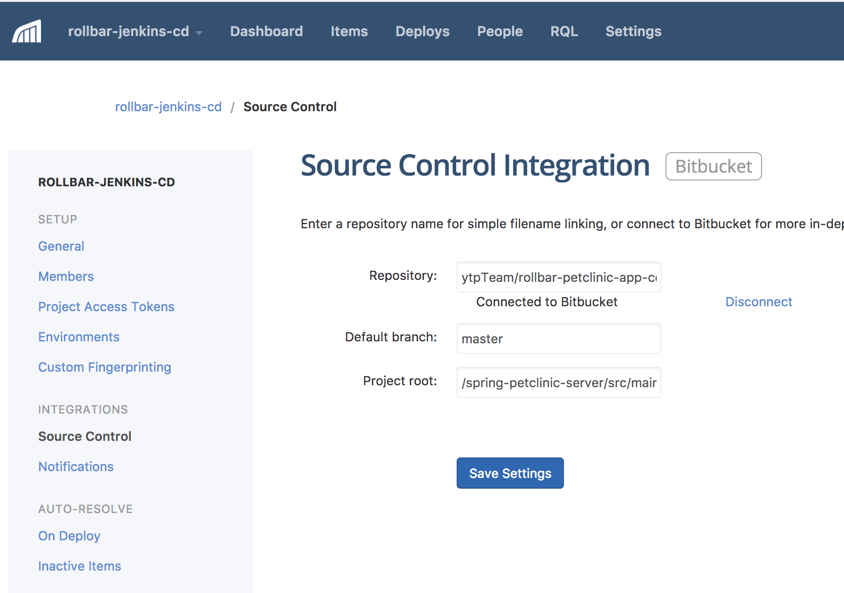Screenshot of Rollbar source control integration