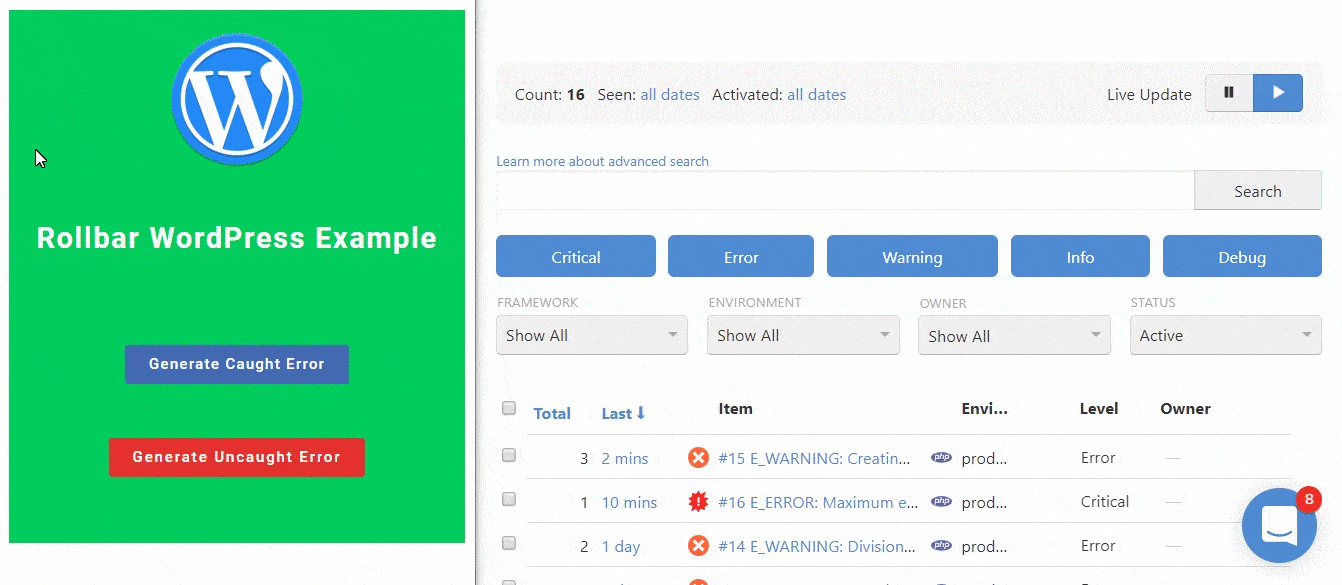 Video of Rollbar WordPress example