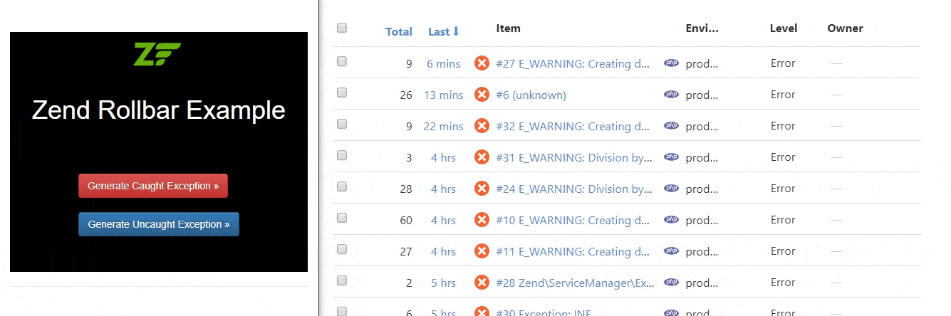 Screenshot of Rollbar zend 3 example