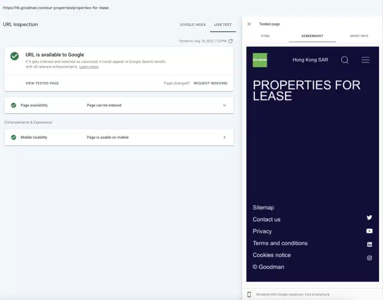Google url inspection of react-based property listing page